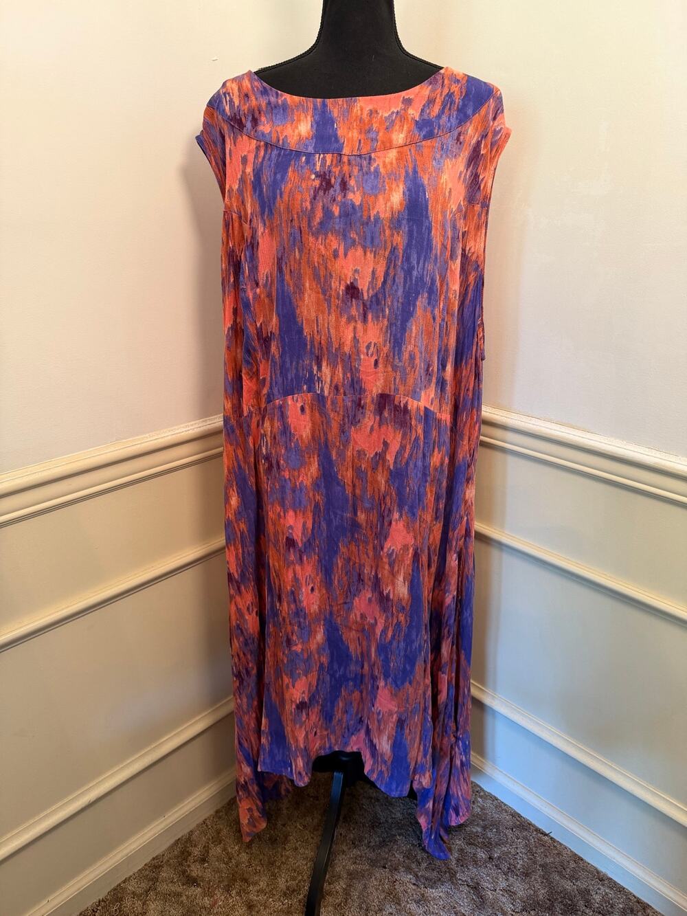 Roamans Plus Size Viscose Midi Dress Abstract Print Handkerchief Hem Lagenlook